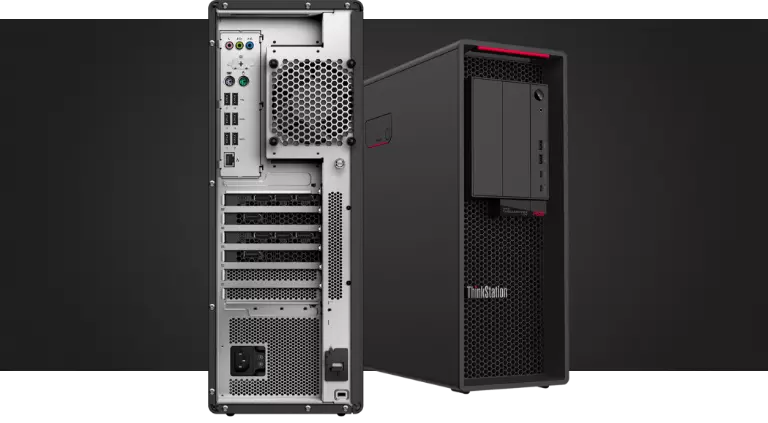 Details of bottom half, back-side and front views of the Lenovo ThinkStation P620 tower workstation.