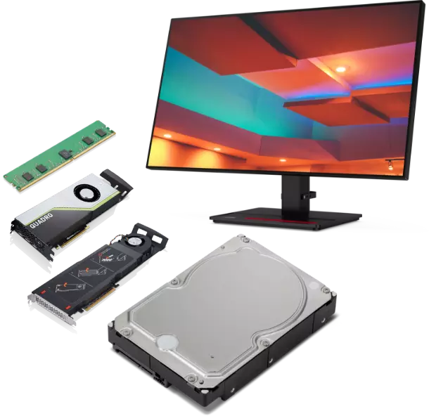 5 accessoires compatibles avec le poste de travail Lenovo ThinkStation P620 au format tour, y compris un moniteur et une carte graphique