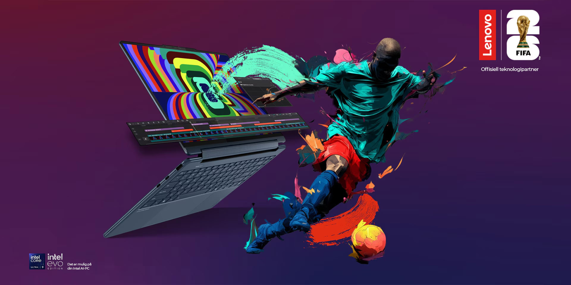 En illustrert fotballspiller som sparker en ball, ser ut til å hoppe ut av en dynamisk FIFA ’26-logo som endrer seg på skjermen på en Yoga 2-i-1 bærbar PC i stativmodus.