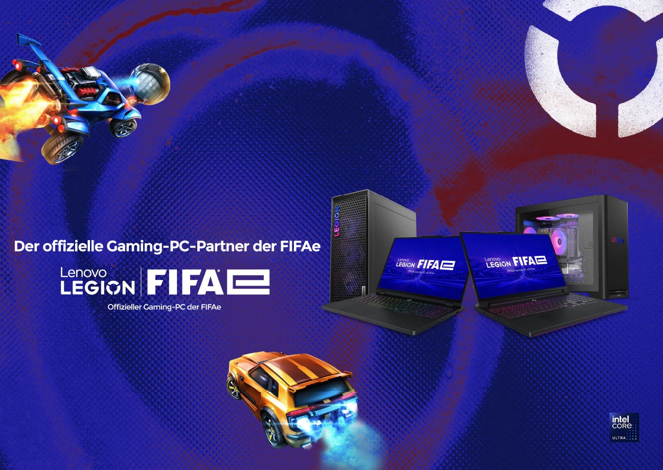 FIFAe banner shows two laptops and two desktops; text 'Official Gaming PC Partner of FIFAe'—Lenovo Legion.