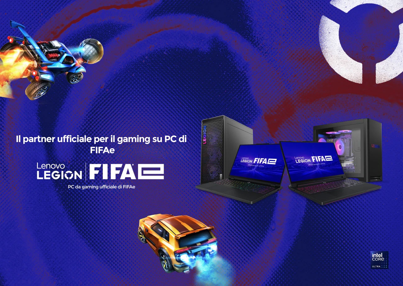FIFAe banner shows two laptops and two desktops; text 'Official Gaming PC Partner of FIFAe'—Lenovo Legion.