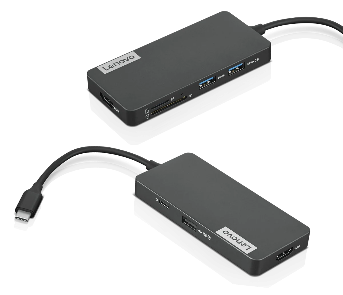 Two Lenovo USB-C 7-in-1 Hubs showing ports on front, rear, and left sides.