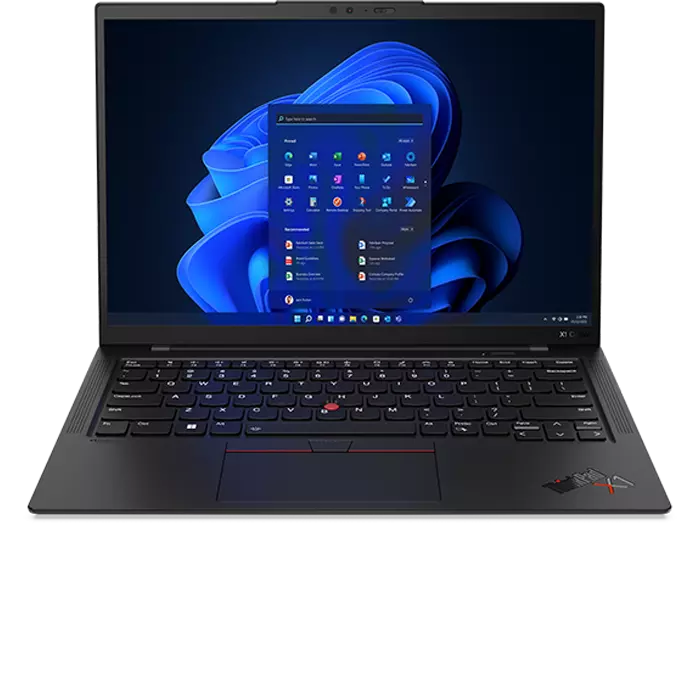 Naar voren gerichte Lenovo ThinkPad X1 Carbon, 90 graden geopend, met close-up van scherm en toetsenbord