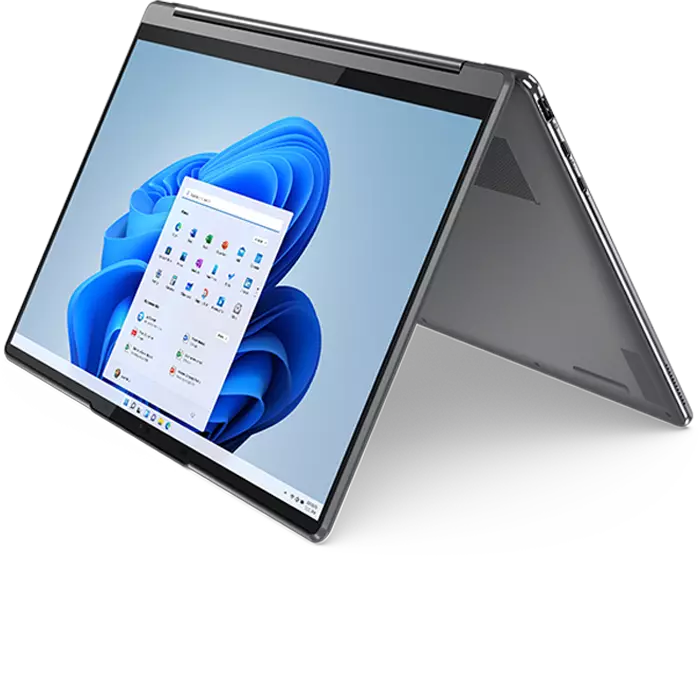 Right-side view of Yoga 9i Gen in tent mode, tilted at an angle, showing display