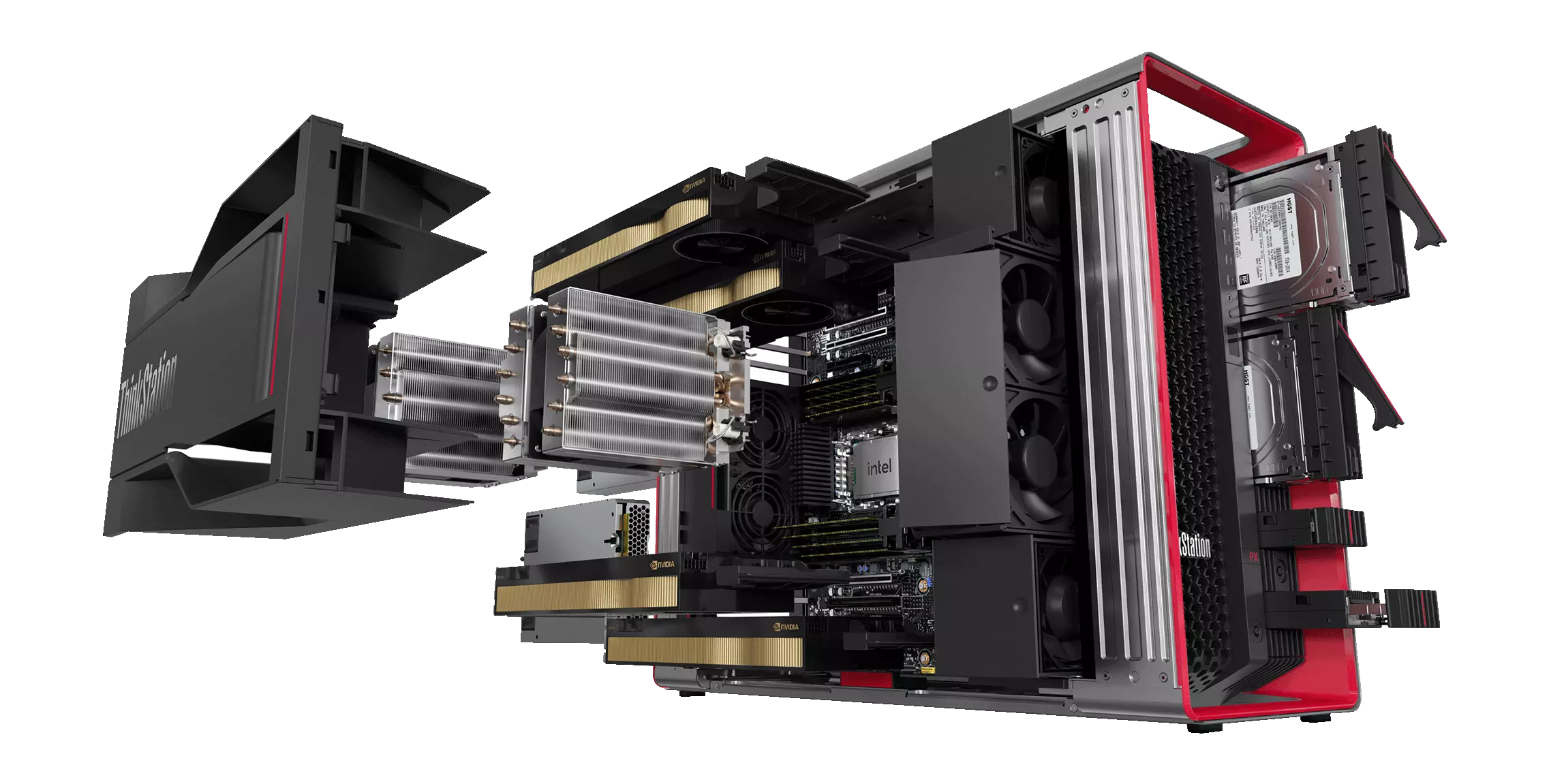 An exploded view of the Lenovo Workstation PX, showing easy to change hard drives, CPU's cooling system and two graphic cards
