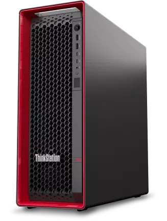 Een zwart-rode Lenovo Workstation P5-behuizing, aanzicht linksvoor