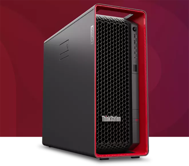Een zwart-rode Lenovo Workstation P7-behuizing, aanzicht linksvoor