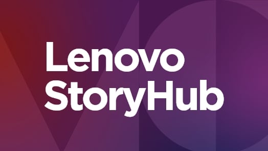 Logo Lenovo StoryHub avec fond de gradient mauve.