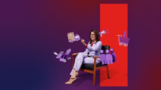 Femme en costume violet avec icônes d’affaires flottantes sur un fond de gradient pourpre.