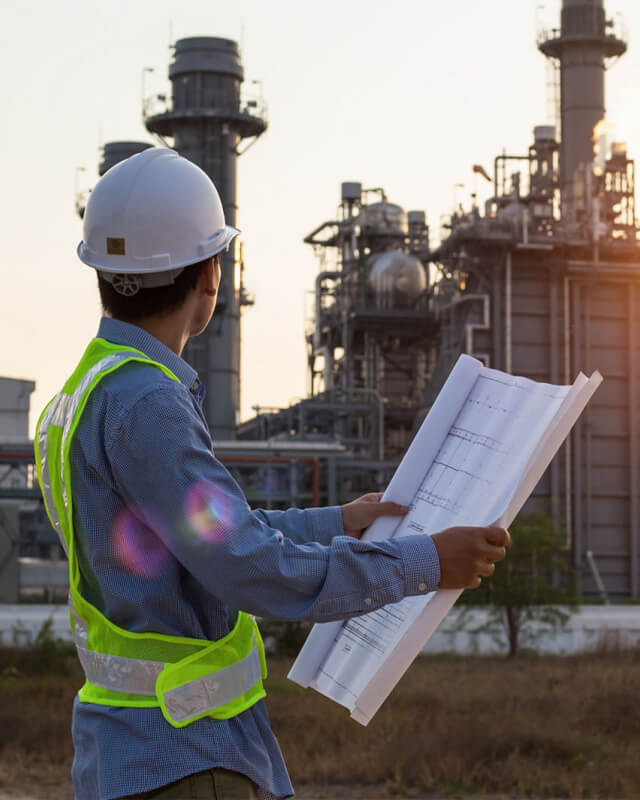 Image shows an engineer holding blueprints while inspecting an oil refinery.