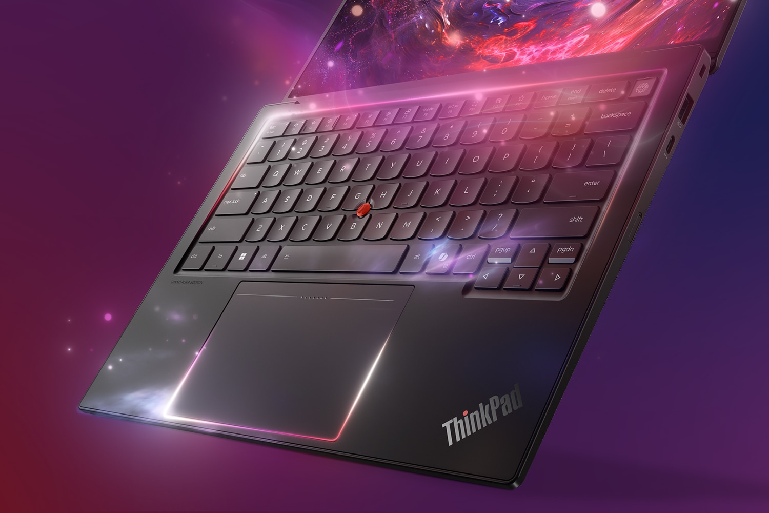 Closeup of the keyboard and trackpad on a Lenovo ThinkPad laptop.