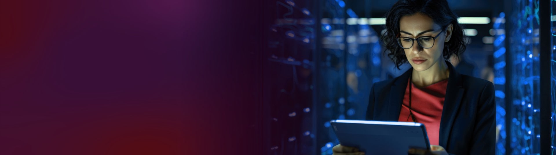 A professional woman in a server room working with a tablet while standing between rows of server racks.