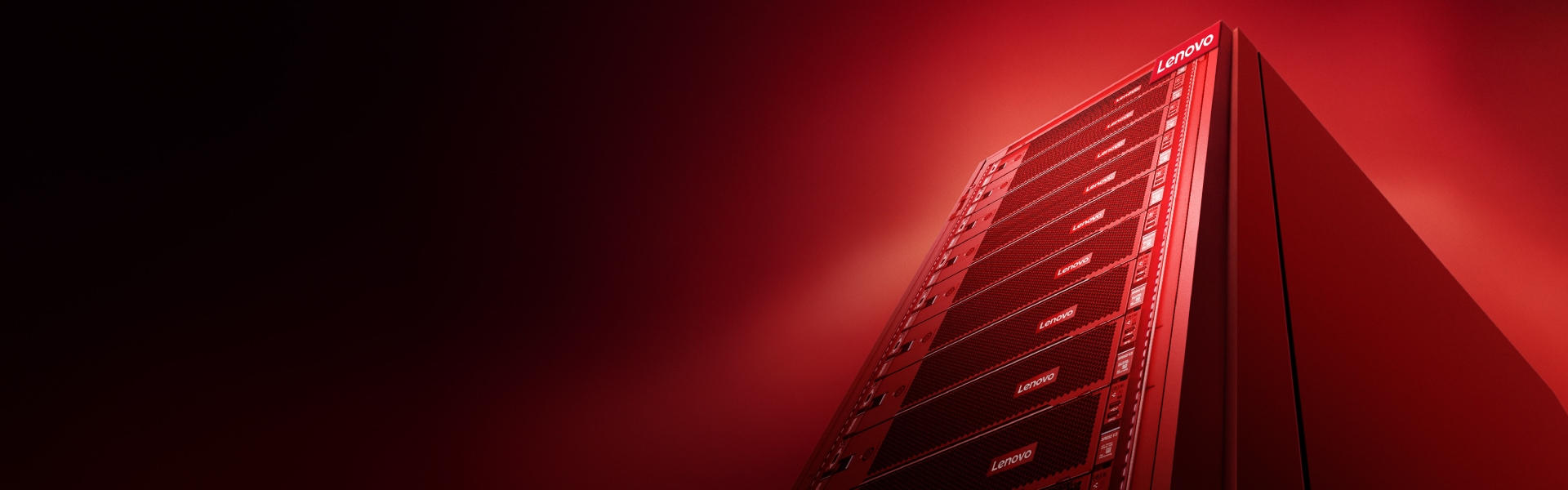 Lenovo server rack with stacked rack servers lit in red against a dark background.