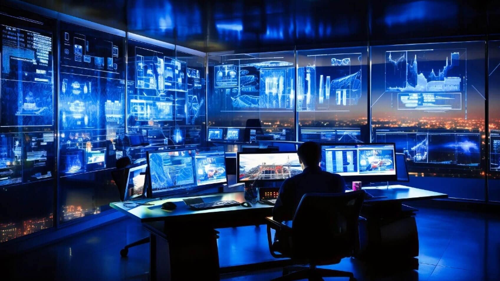 A person working in a dark room at a desk with multiple computers and data being projected onto the walls.