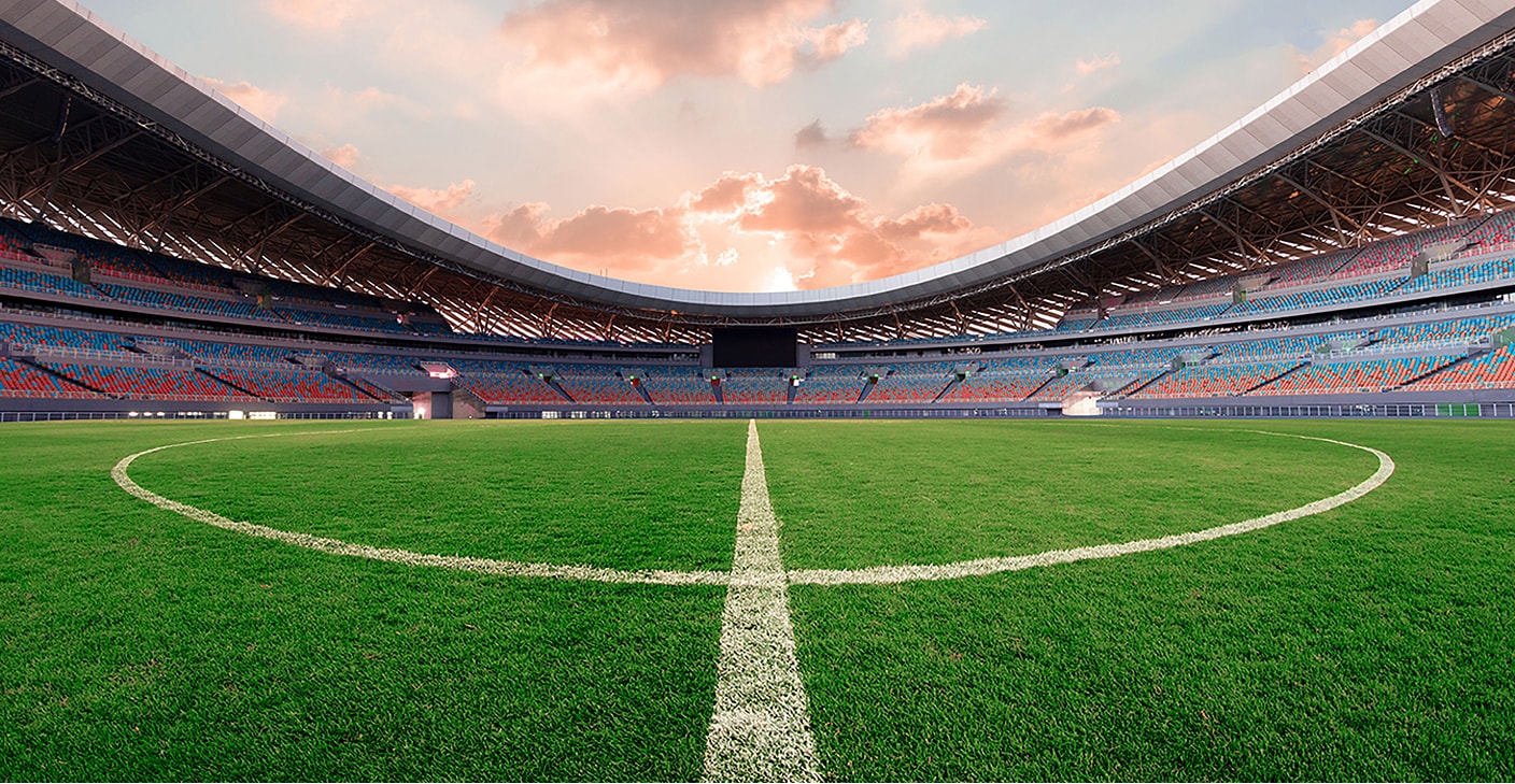  The center of a football field in an arena. 