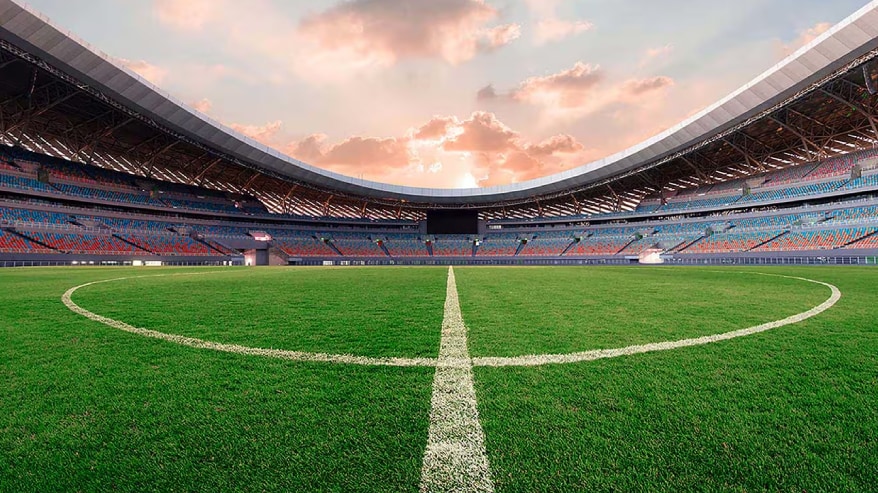 The center line of a football field in an arena. 