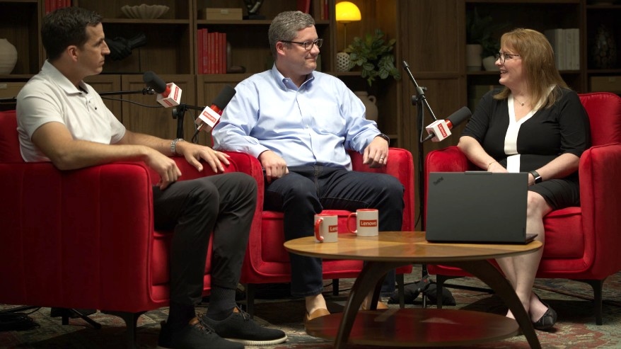 Mike Nordquist (VP of Product Marketing, Client BU at AMD) and Brooks Flynn (Director of Workstation Production Management at Lenovo) take part in a discussion in a small studio.
