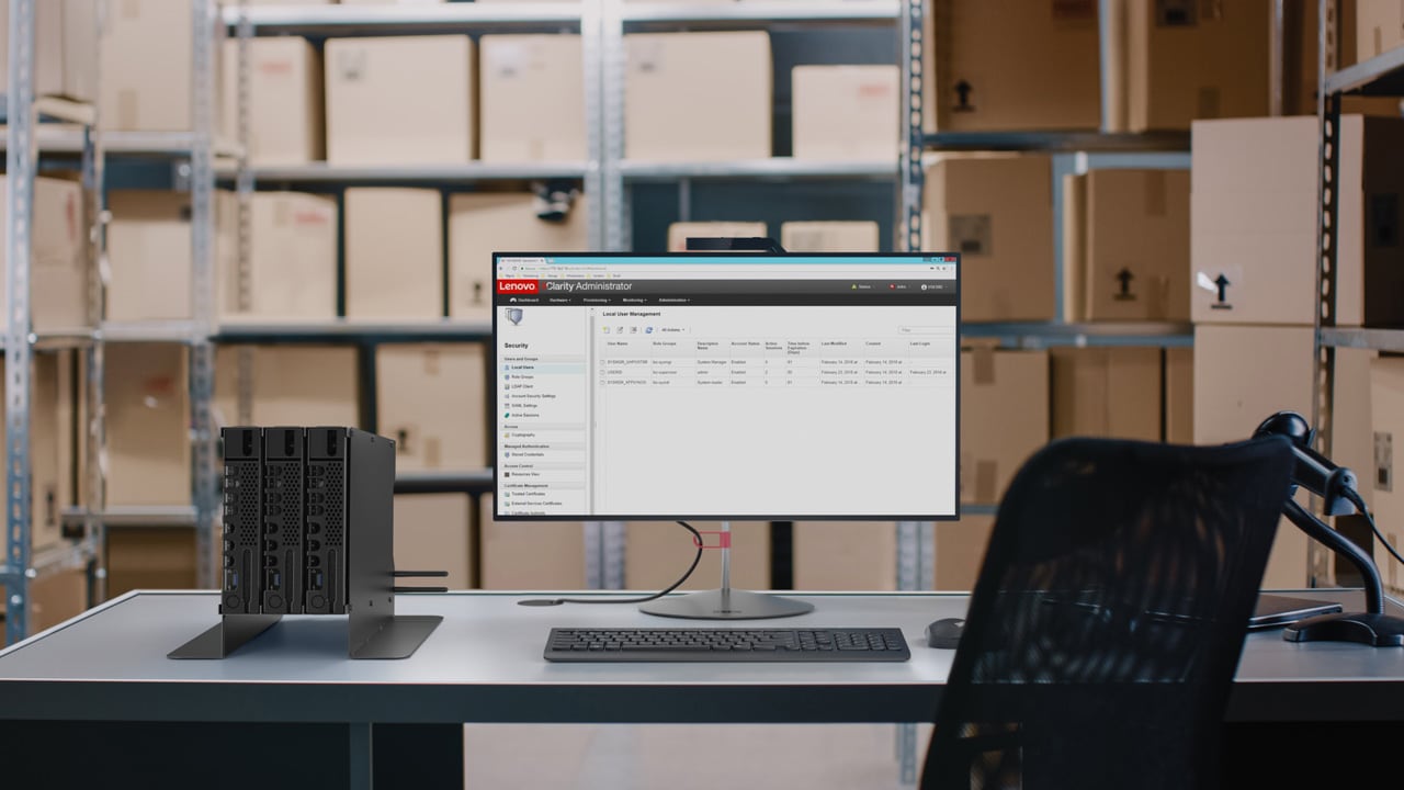 A computer monitor in a warehouse office