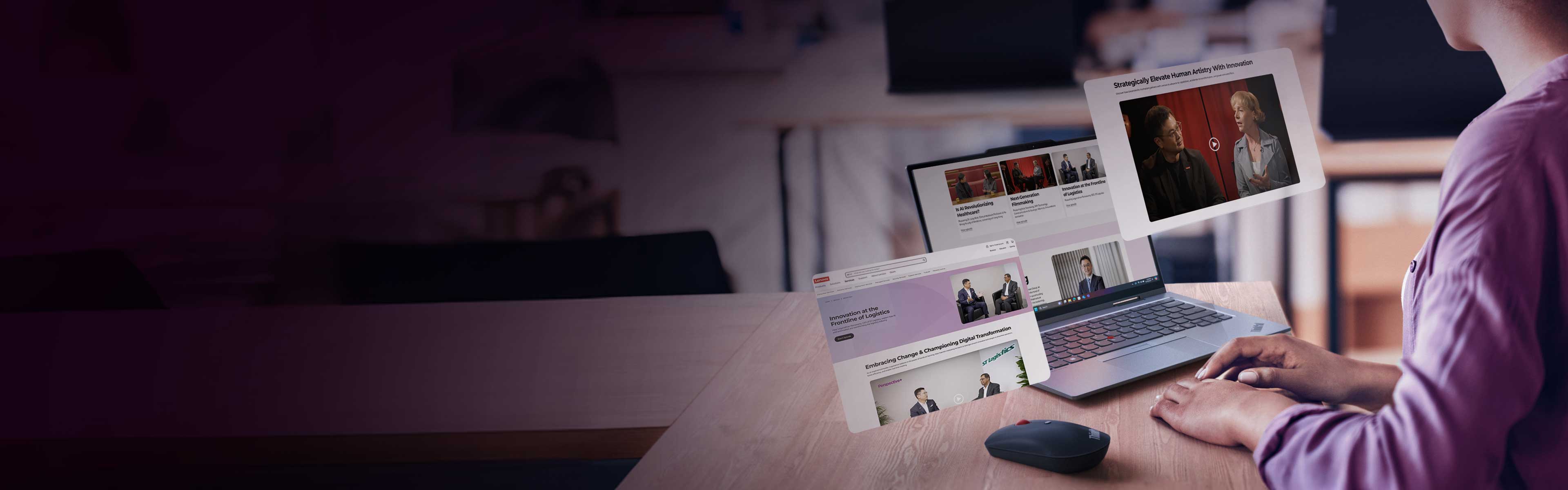 Woman sitting at desk with Perspective+ page open on laptop with mouse and related screens overlayed as graphics.