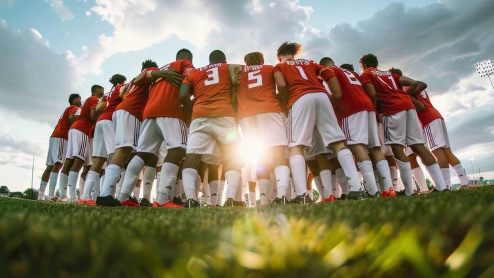 A soccer team in a huddle on the pitch. 