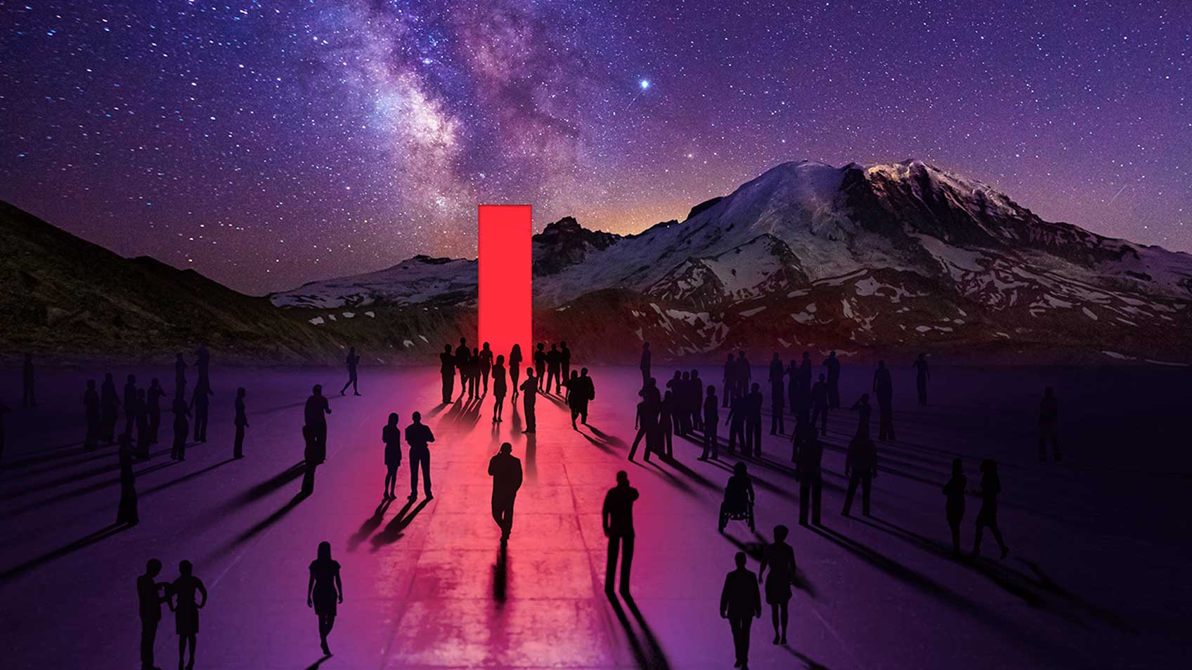 Silhouettes of people walking toward the red Lenovo portal in front of a mountainous backdrop.