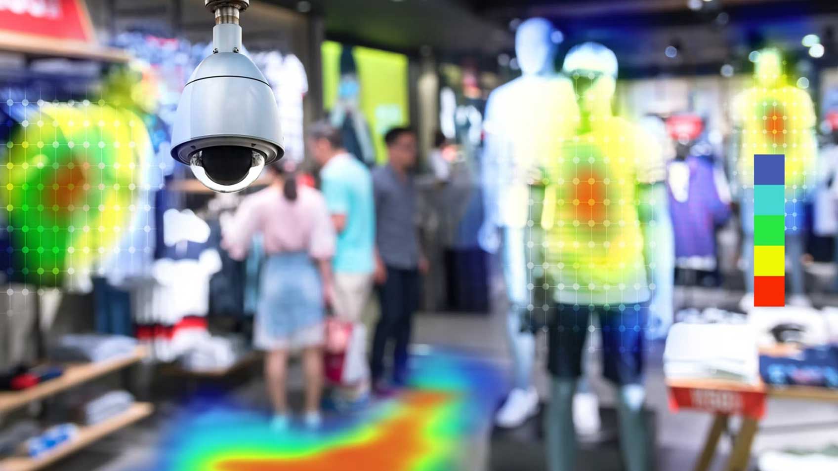 Un colorido mapa de calor que muestra cómo los sensores pueden rastrear a los clientes en una tienda. 