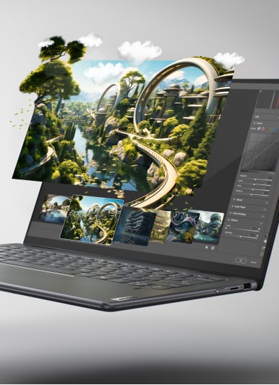 A Yoga laptop with the images on the screen popping out of it