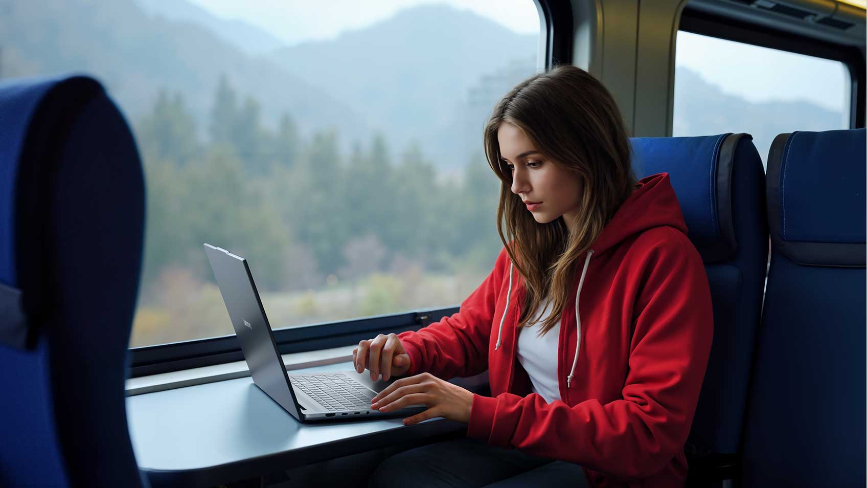 A woman on a train working on her laptop