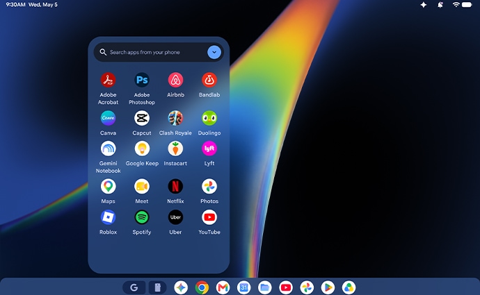 Der Bildschirm des Lenovo Googlebooks 15 mit einem Menü beliebter Apps, das Konnektivität und Benutzerfreundlichkeit hervorhebt.