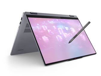IdeaPad 5 二合一筆記型電腦，以帳篷模式使用，附數位筆。