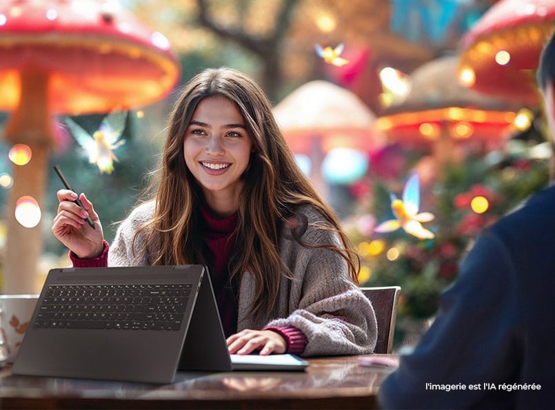 A young woman at a desk makes a gesture with a pen in front of an IdeaPad 5 2-in-1 laptop in tent mode; giant colorful mushrooms adorn the background.