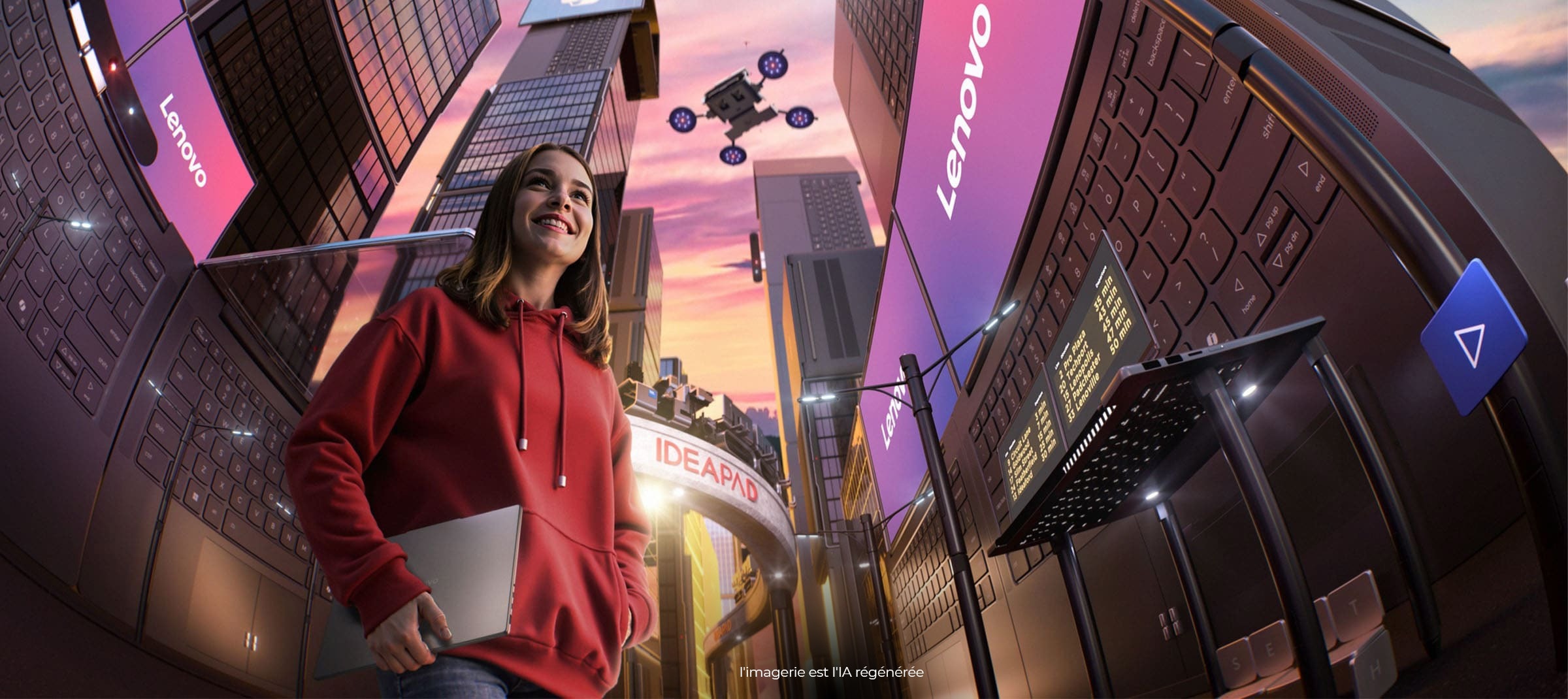A young woman carries an IdeaPad laptop in a cityscape composed partly of laptop keyboards and adorned with Lenovo logos; a drone hovers above.