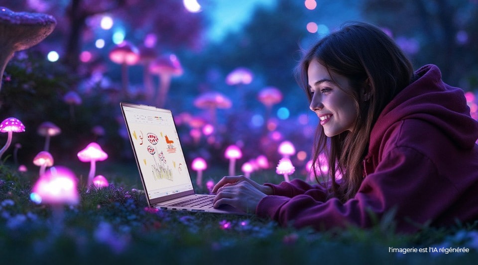 Surrounded by glowing pink mushrooms, a young woman types on an IdeaPad laptop.