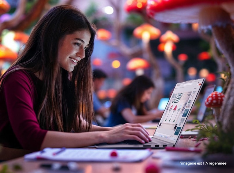A young woman surrounded by mushrooms in a lecture hall types on an IdeaPad Pro 5i laptop.