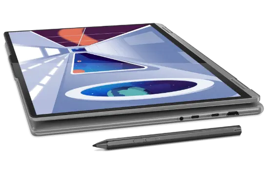 The Lenovo Yoga 7i in tablet mode with an abstract interior on the display and a stylus pen alongside the device
