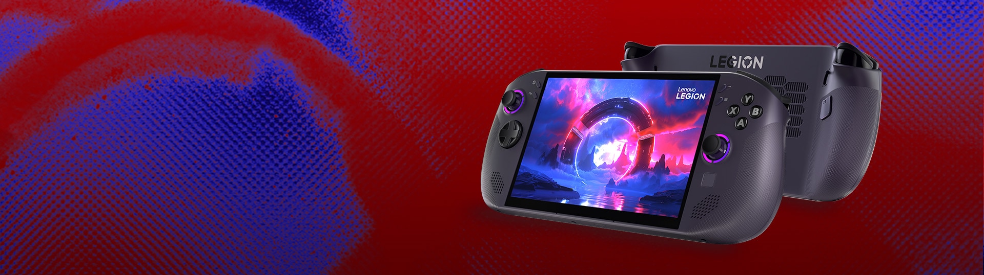 Lenovo Legion Go S alimenté par l’ordinateur portable de jeux SteamOS, montré avant et arrière, sur un fond texturé rouge et bleu.