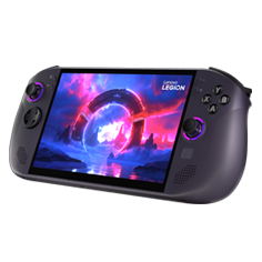Vue avant inclinée de l’ordinateur portable de jeux Lenovo Legion Go S avec des images de sci-fi réalistes à l’écran.