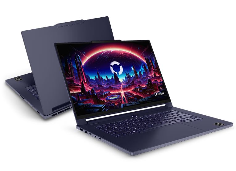 Two Lenovo Legion 7a Gen 11 gaming laptops – front and rear views, back to back, lids open, with a Lenovo Legion logo screenfill on the display of the front-facing one.