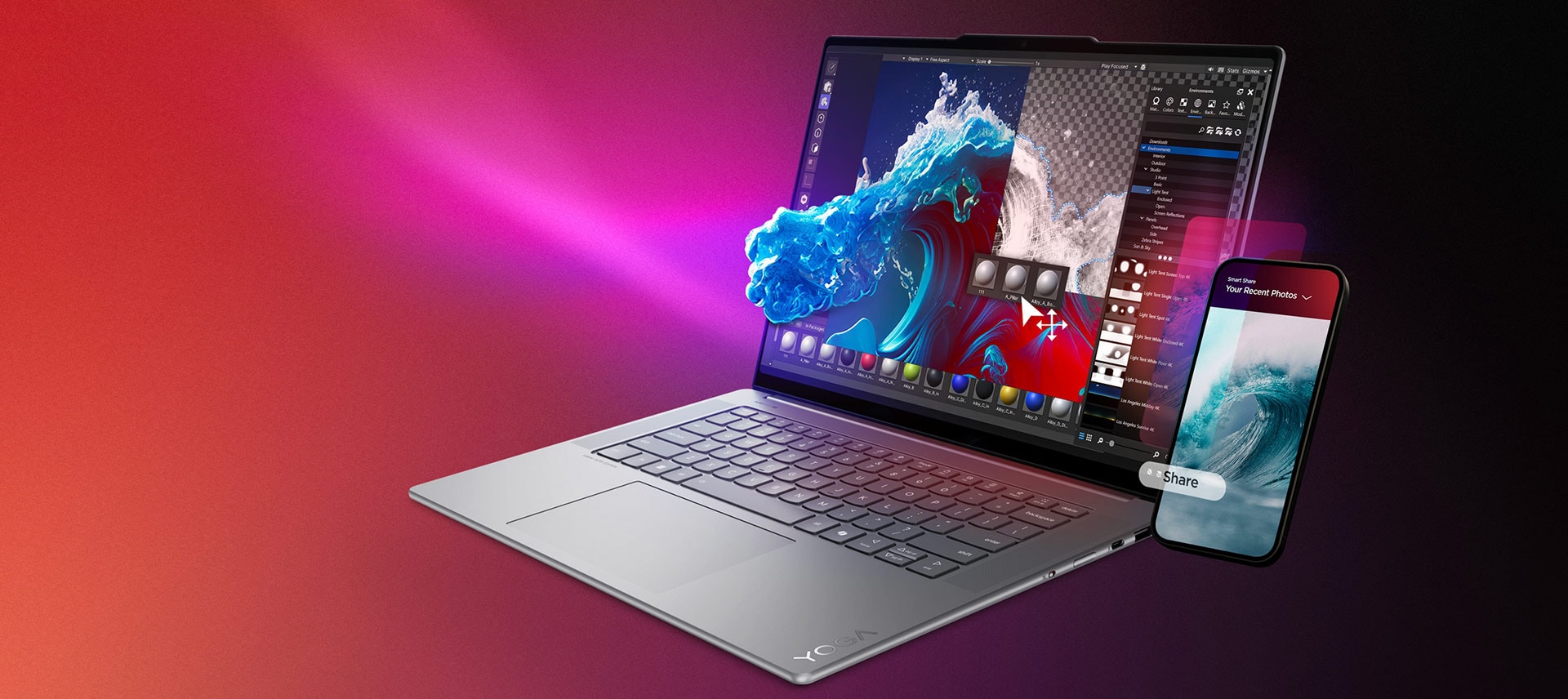 Front right view of the Yoga Slim 7i Aura Edition laptop PC, with a 3d aquatic scene on its display, alongside a phone illustrating sharing technology.