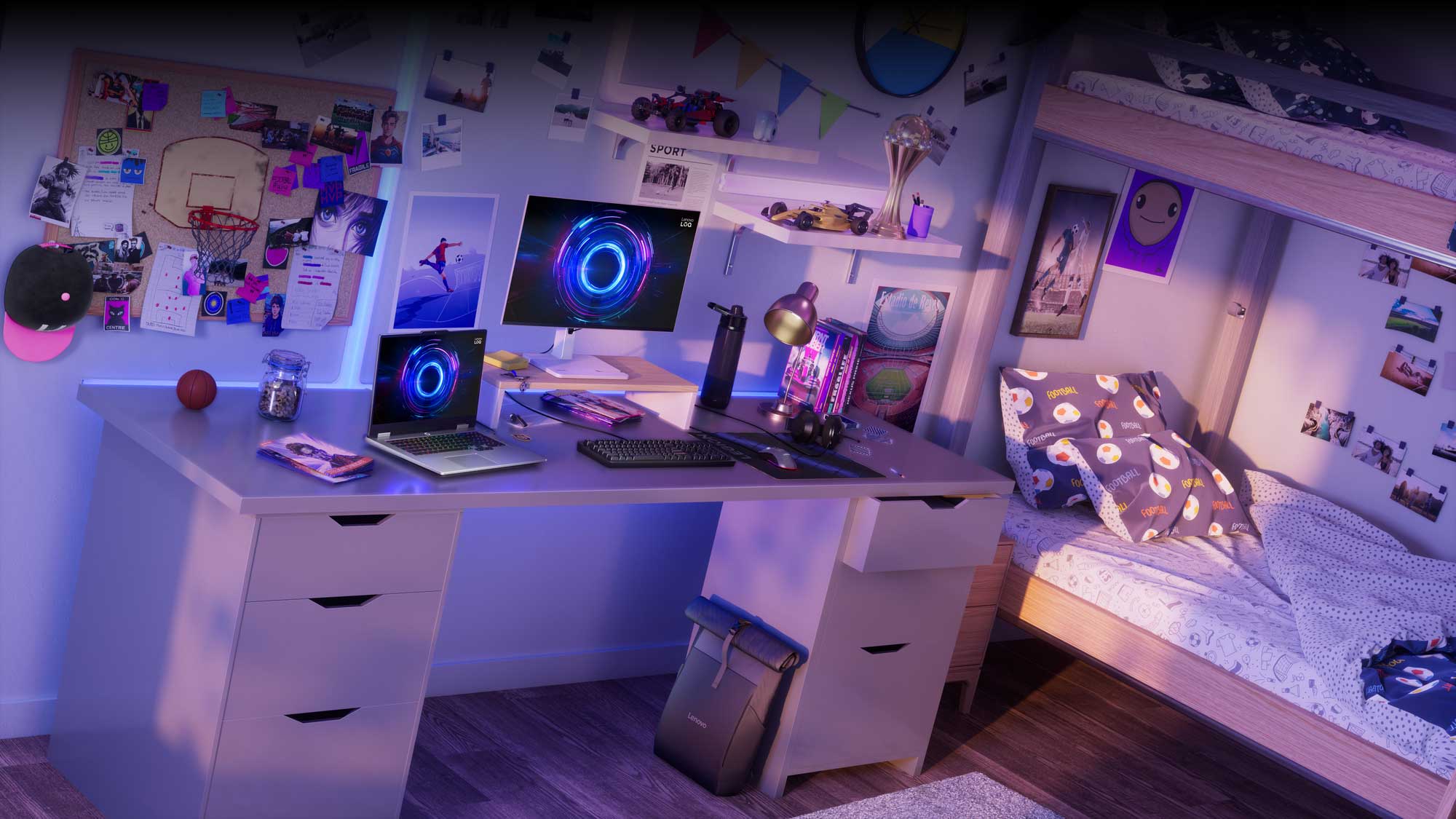 A desk inside of a dorm room set up with several Lenovo LOQ and Legion devices and accessories.