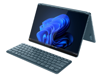 The Lenovo Yoga Book 9i in tent mode with wireless keyboarrd