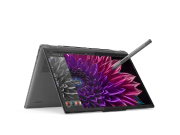 The Yoga 7i 2-in-1 Gen 9 (16” Intel) in tend mode with a floral design on the display and a stylus pen positioned on the screen