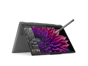 디스플레이에 꽃무늬 디자인이 있고 화면에 스타일러스 펜이 있는 텐드 모드의 Yoga 7i 2-in-1 Gen 9(16