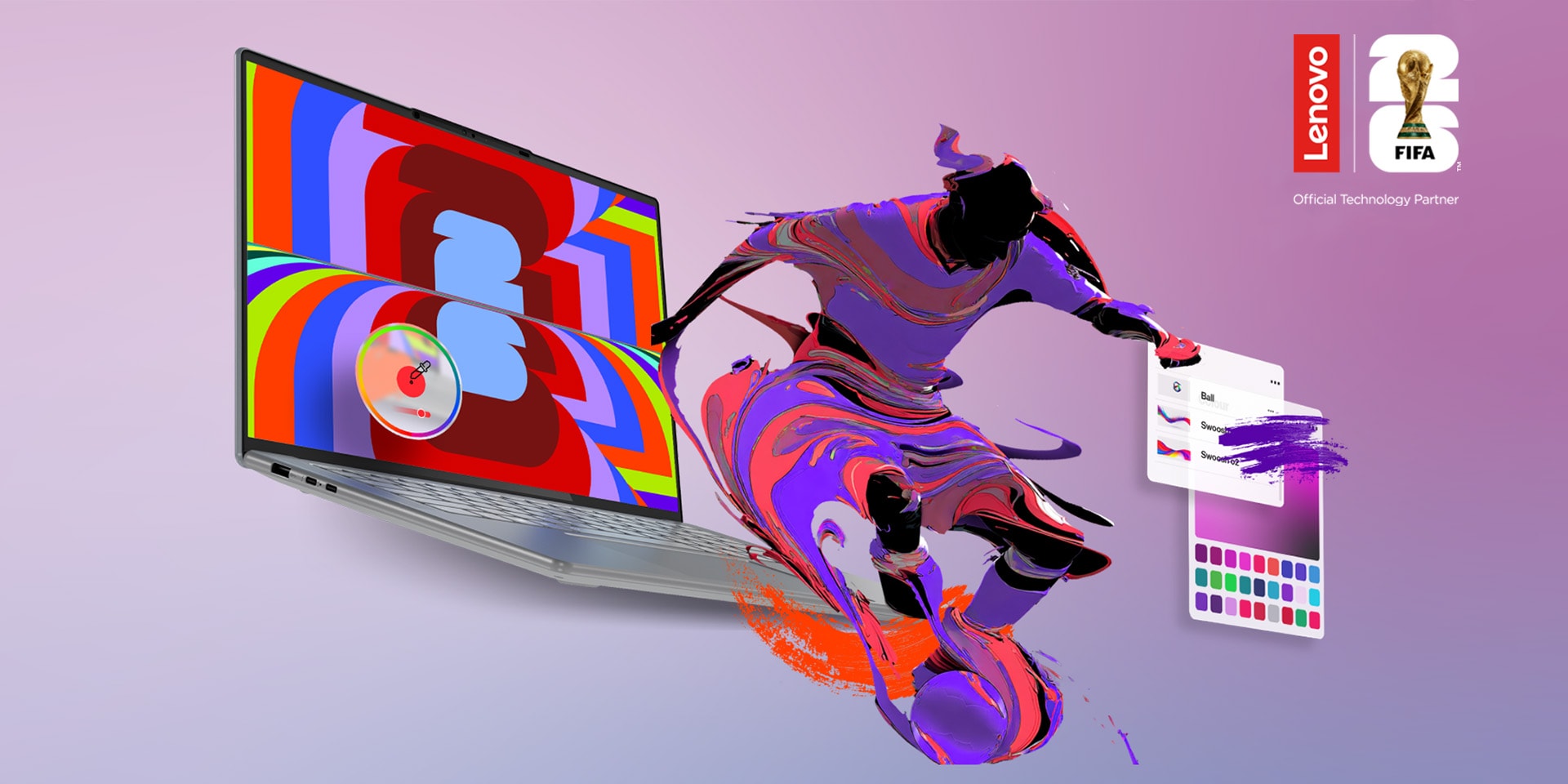 An illustrated soccer player dribbling a ball, appears to be leaping out of a FIFA ’26 logo on the display of a Yoga laptop.