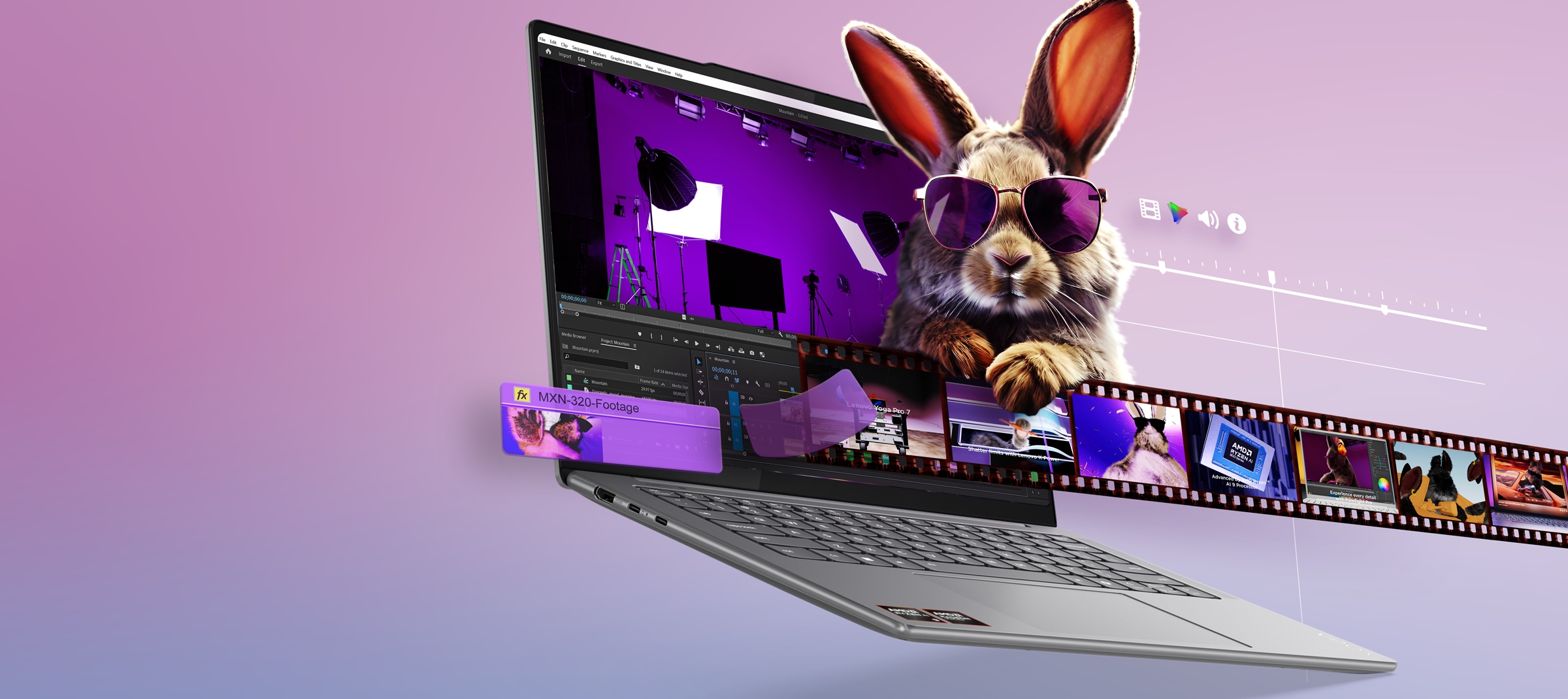 A film sequence and a rabbit in sunglasses emerge from the display of a Yoga Pro 7 laptop PC.