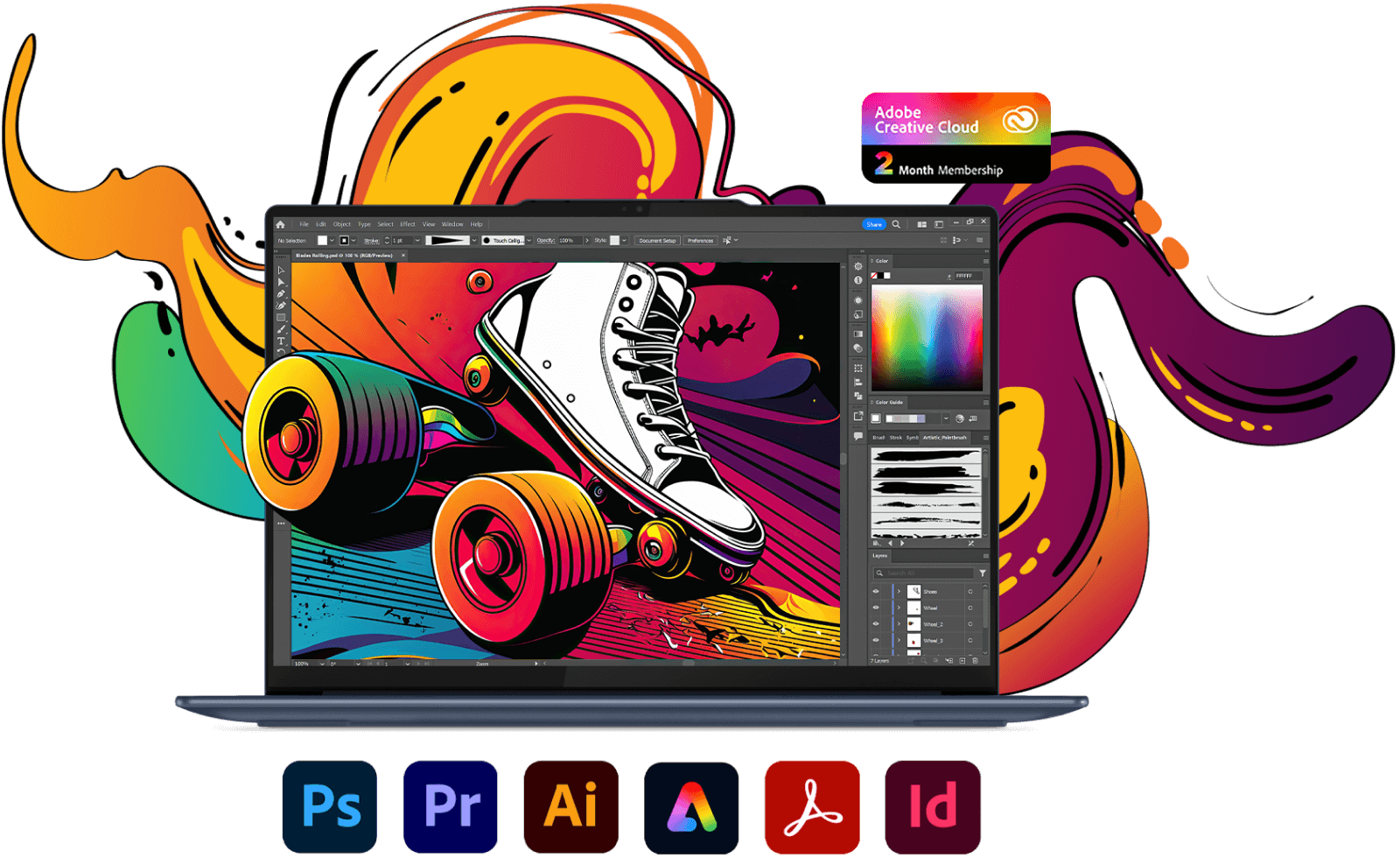 Bärbar Lenovo Yoga-dator framifrån med Photoshop på skärmen samt olika ikoner för Adobe Creative Cloud-program.
