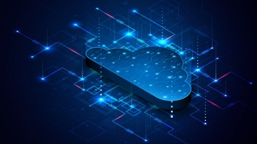 Image of a glowing blue cloud icon with digital lines on dark blue backgrounds