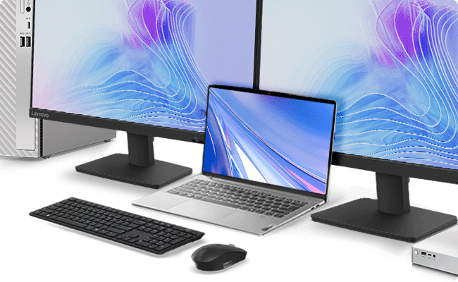 The full set of desktop electronic facilities demonstrates the Lenovo monitor's ability to support multi-device connection מסך מחשב L22-4e מבית Lenovo