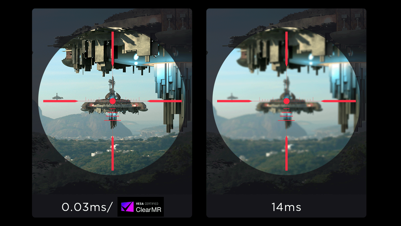 A Shooting game image compares the 0.03ms MPRT response times and 14ms. מסך מחשב גיימינג 26.5 Legion Pro 27UD-10 מבית Lenovo