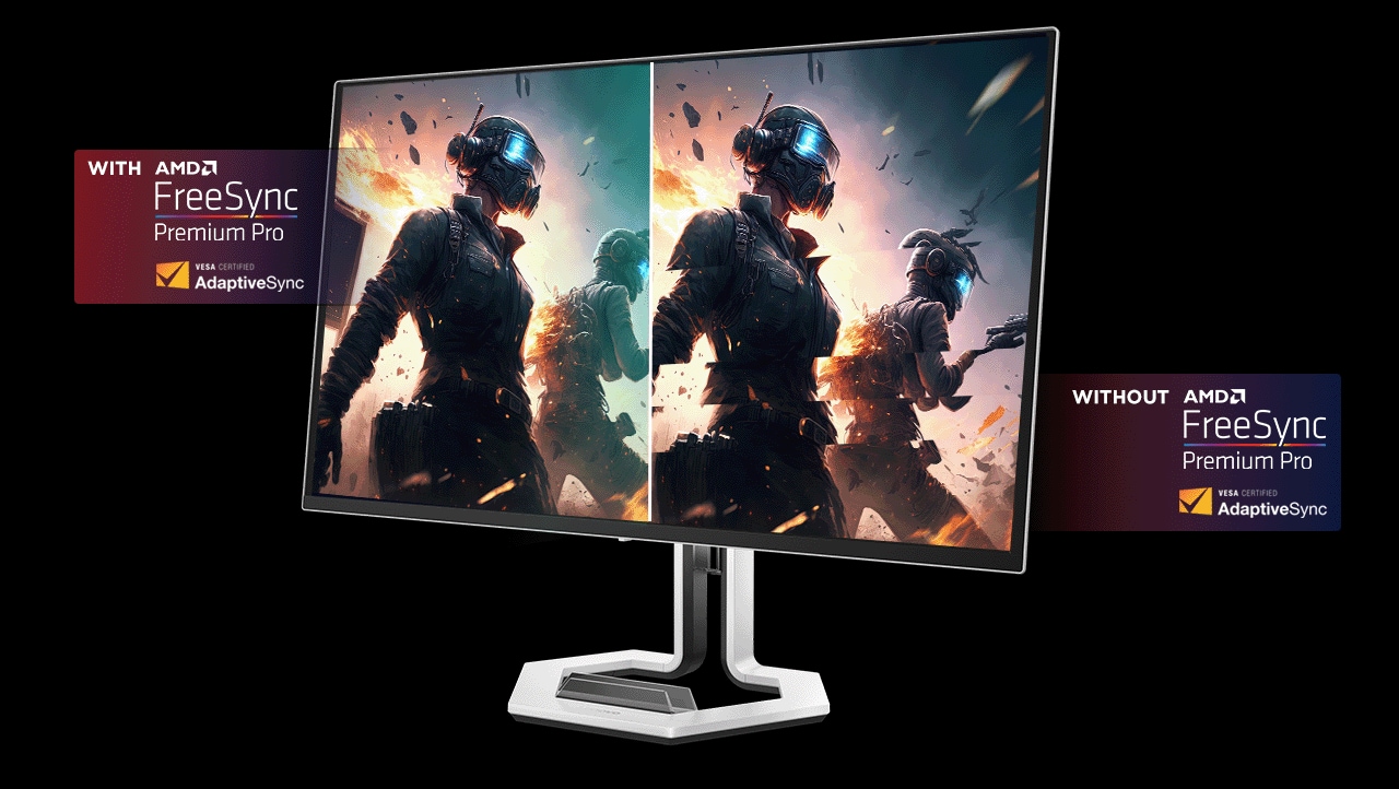 An video game image as screen-fill example picture shows how clear the monitor display with AMD FreeSync Premium and VESA Adaptive Sync technology. מסך מחשב גיימינג 26.5 Legion Pro 27UD-10 מבית Lenovo